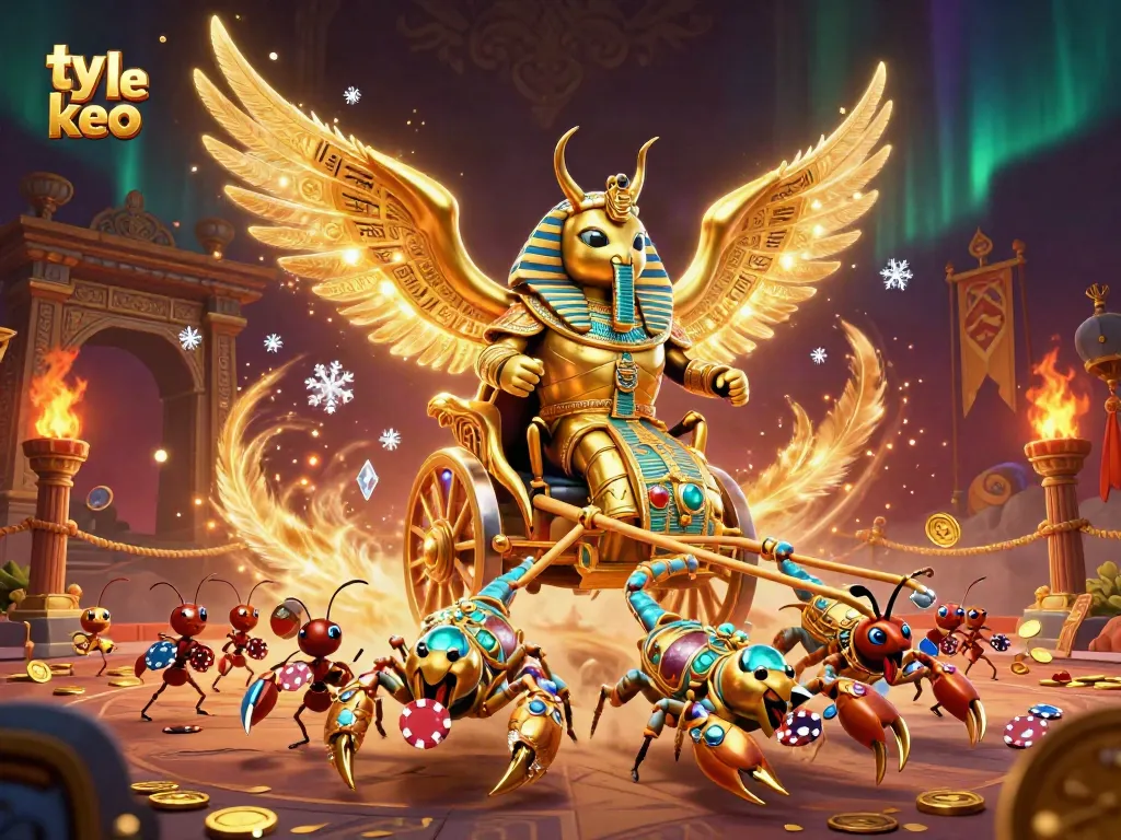 Bettors explore ty le keo with a colossal golden scarab beetle surrounded by excitement and casino elements.