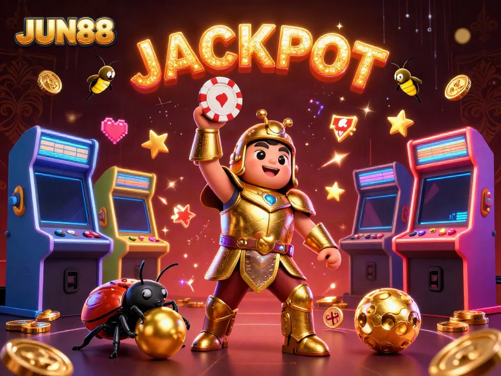 Experience the excitement of JUN88 with a victorious beetle champion lifting a poker chip amid vibrant casino elements.