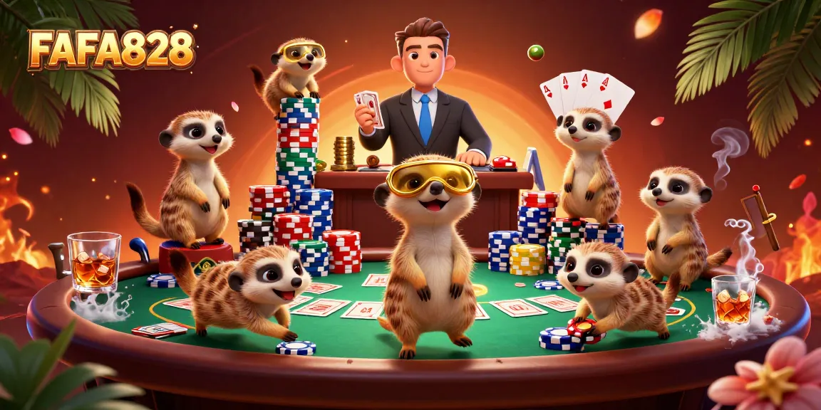 FAFA828 meerkats manage a vibrant casino with poker chips, cards, and golden visor