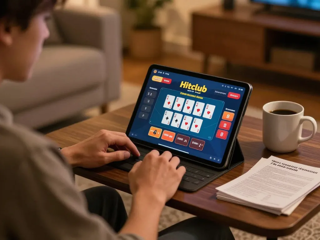 Cổng game Hitclub online poker interface displayed on a tablet during home gaming session