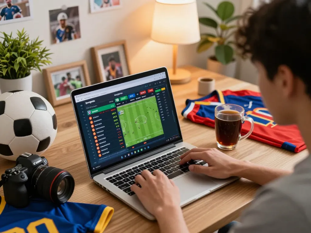 Bongdalu user reviewing live sports betting odds from home office setup for optimal betting strategy.