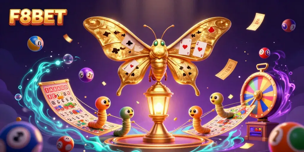 Experience thrilling gaming at F8BET with colorful lottery elements and a magical moth illustration.