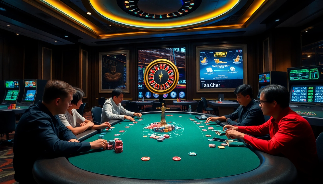 Engage in thrilling games at https://go88casino.pro/ with a vibrant casino atmosphere displaying poker tables and roulette.