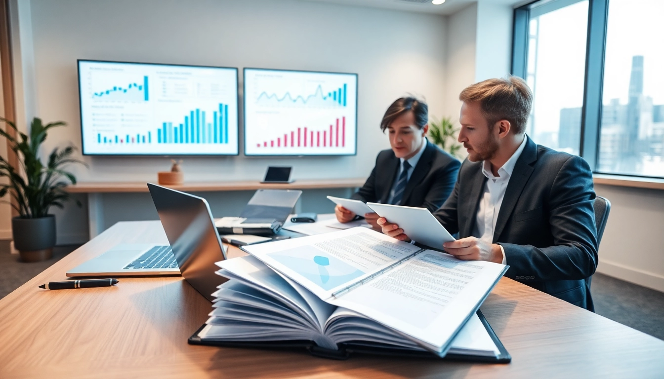 Business professionals analyzing documents about RR 99 tax ruling in a modern office.