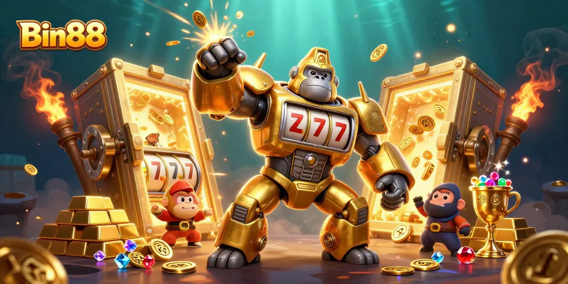 Experience the excitement of Bin88 with a vibrant 3D illustration of a golden gorilla mech and treasures.