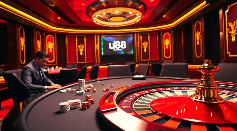Engaging online gambling scene featuring uu88 logo, poker chips, roulette wheel, and players.