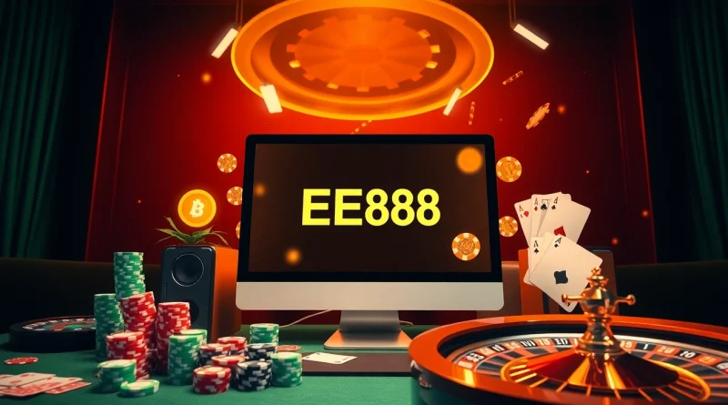 The EE88 link đăng nhập showcased in an exciting casino scene with poker chips and a roulette wheel.
