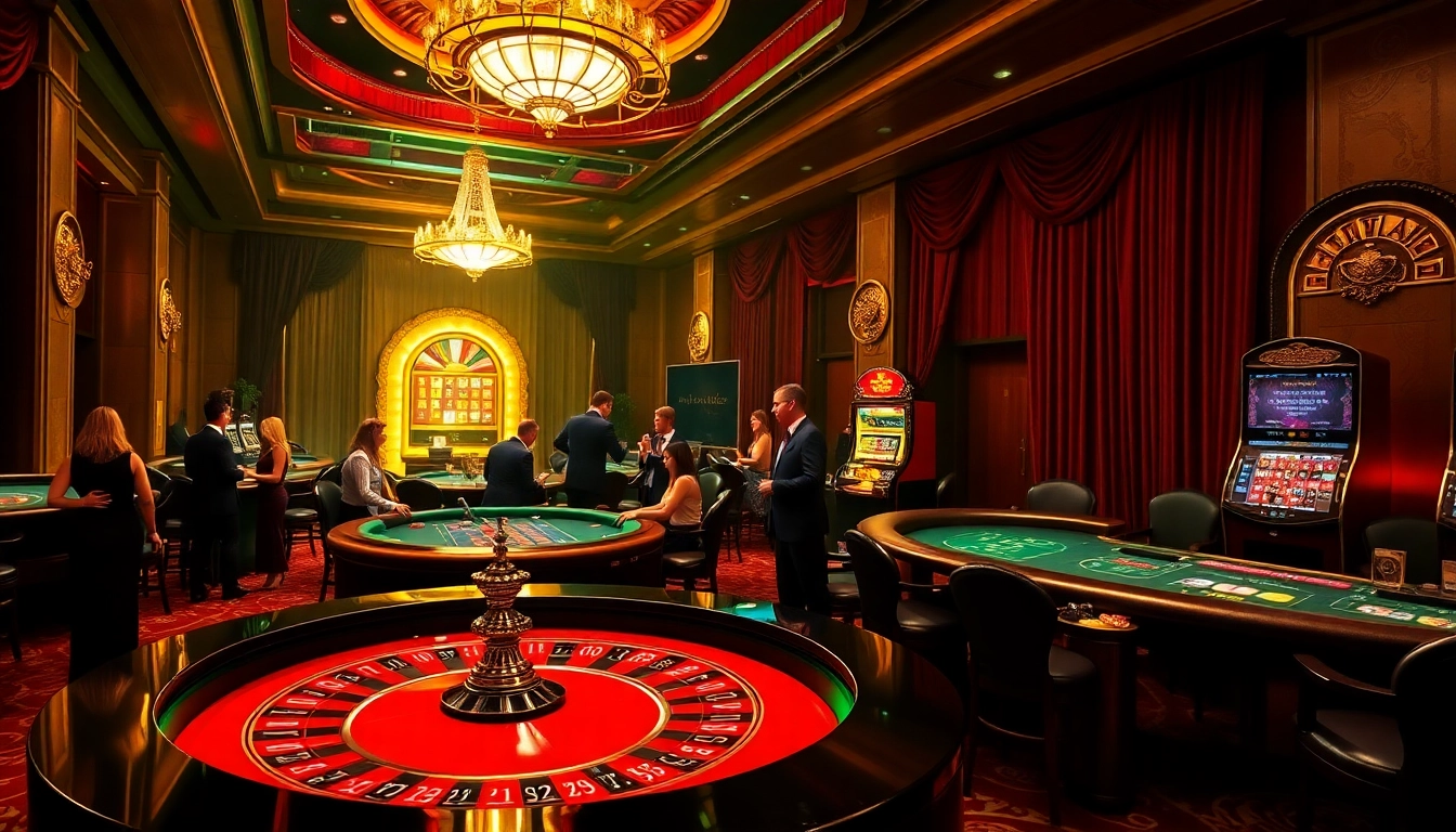Engaging casino gaming environment with roulette and poker tables, featuring https://impactxoft.com gaming elements.