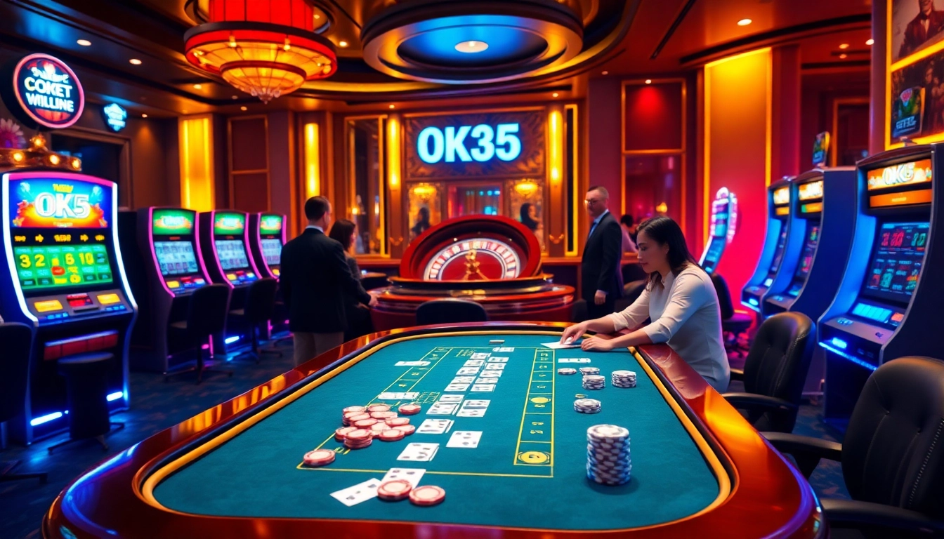 Engaging players enjoying gambling at OK365 with luxurious casino ambiance and vibrant slot machines.