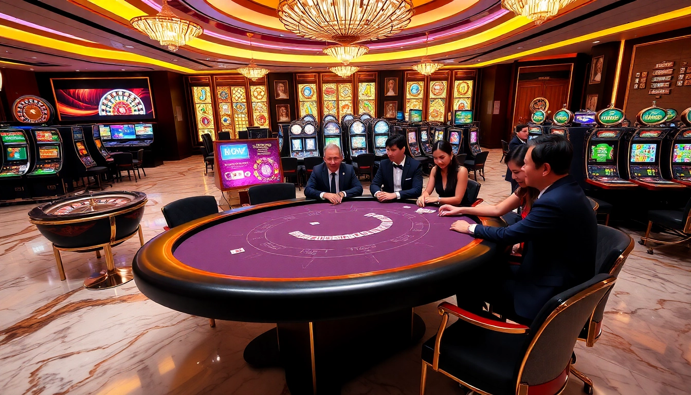 Exciting poker game in a luxurious casino setting showcasing Liên Minh KJC.