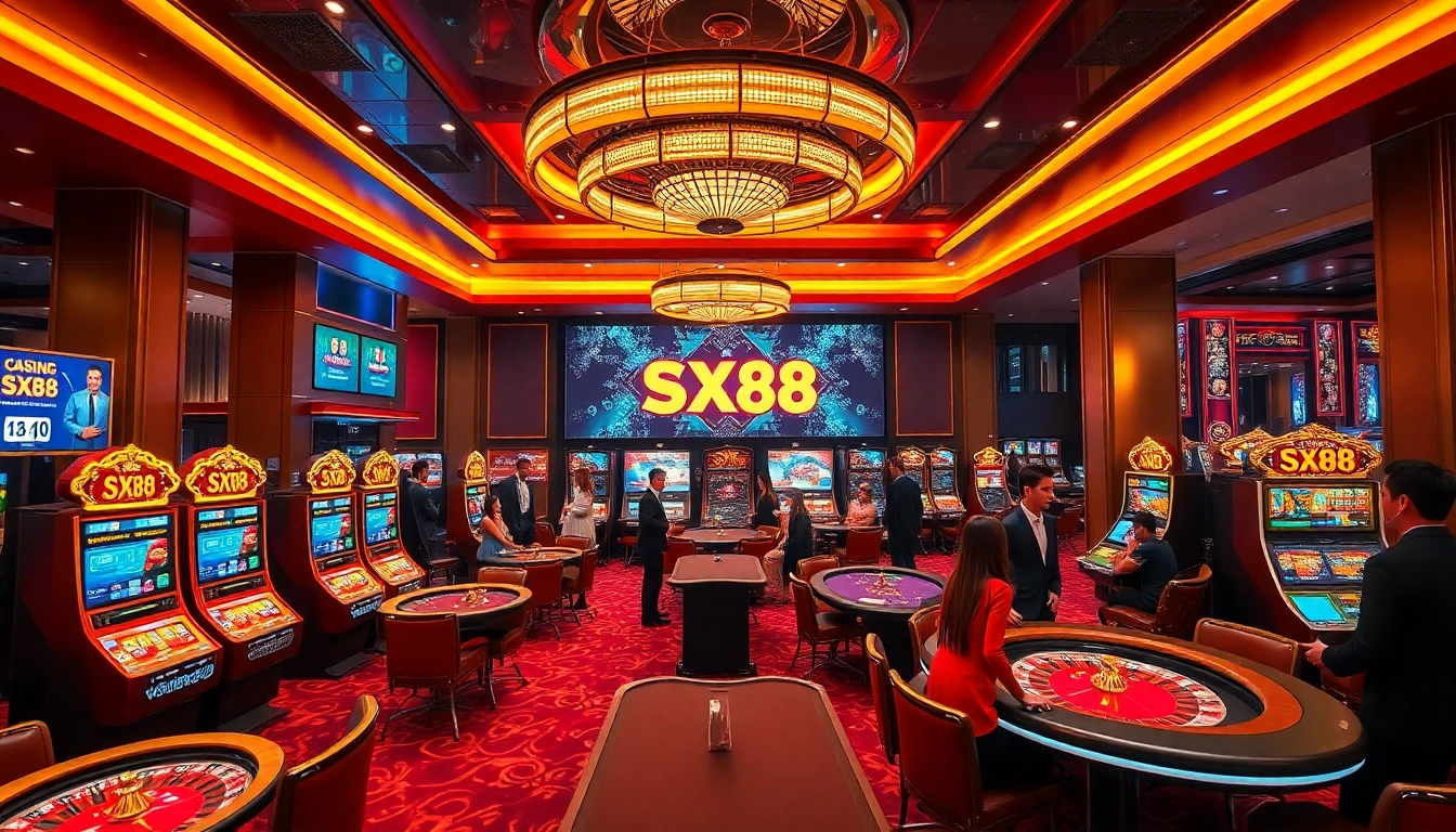 SX88 casino players enjoying vibrant slot machines and thrilling roulette wheels.