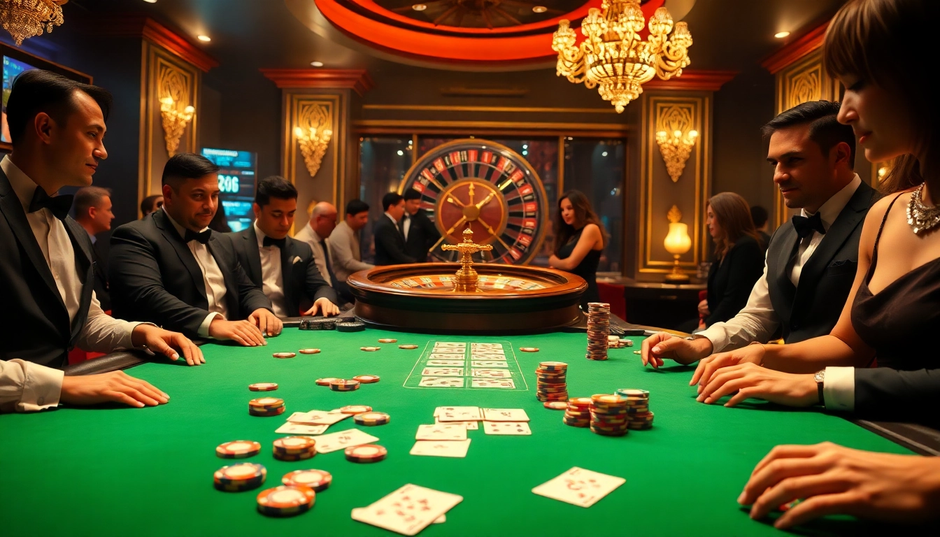 Experience the excitement at mb66.nyc with players enjoying poker and roulette in a luxurious casino setting.
