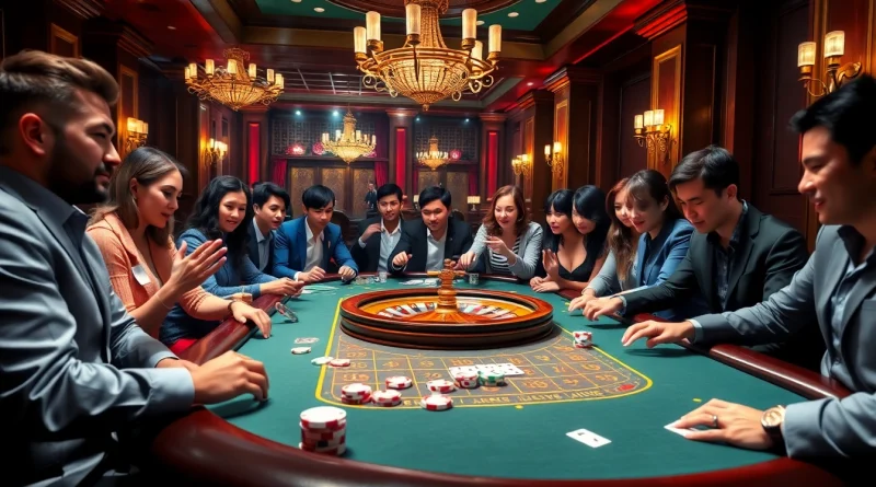 Players engaged in a thrilling game at https://99wincasino.com/ table with vibrant poker chips and cards