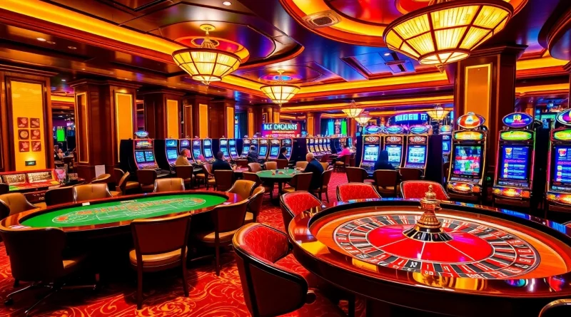 Exciting scene at https://vj88.online/ with poker tables, roulette wheels, and lively gamblers.