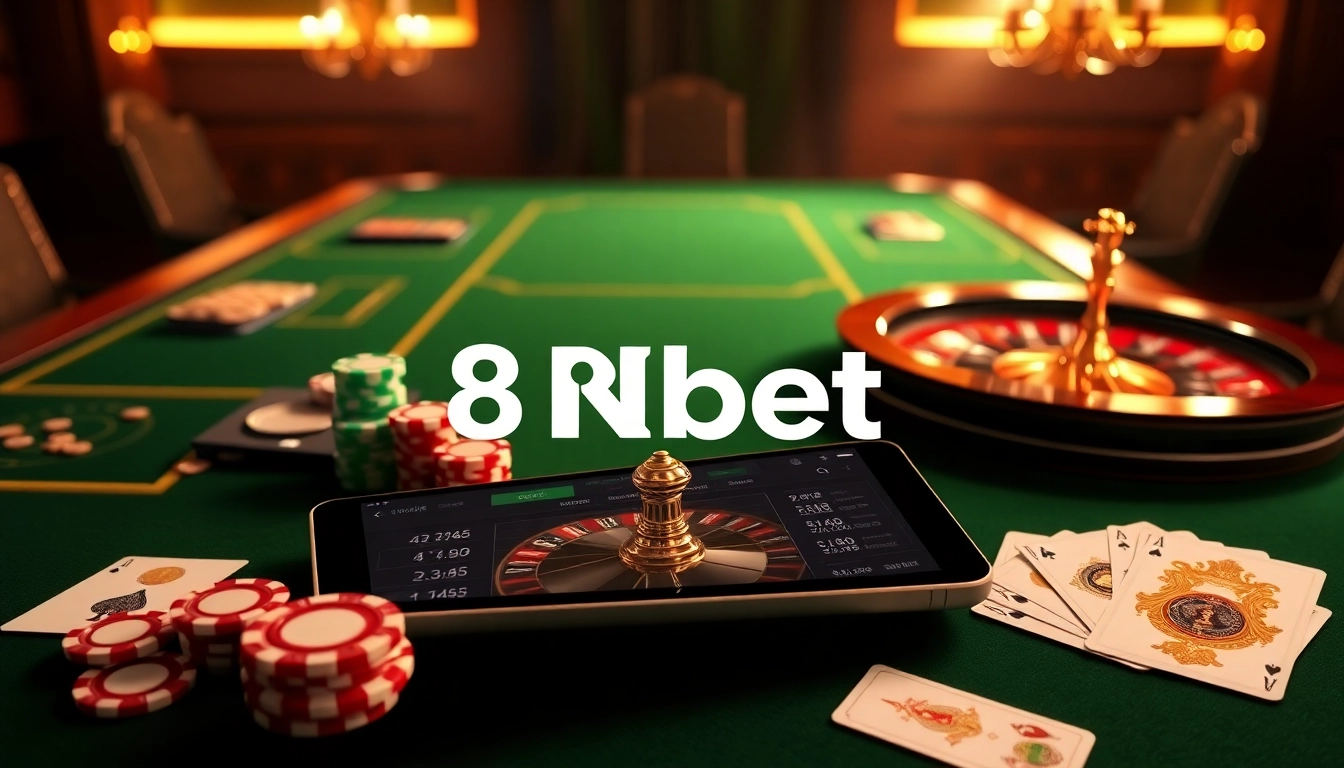 Experience the excitement of link 8kbet with a luxurious online casino setup featuring poker chips and a roulette wheel.