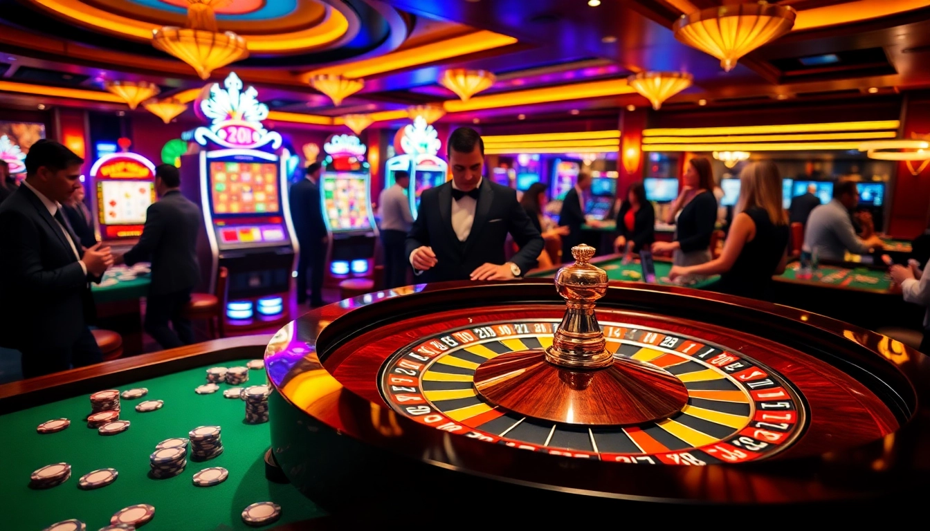 Gamblers enjoying a thrilling gaming experience at 789club casino with roulette and slot machines.