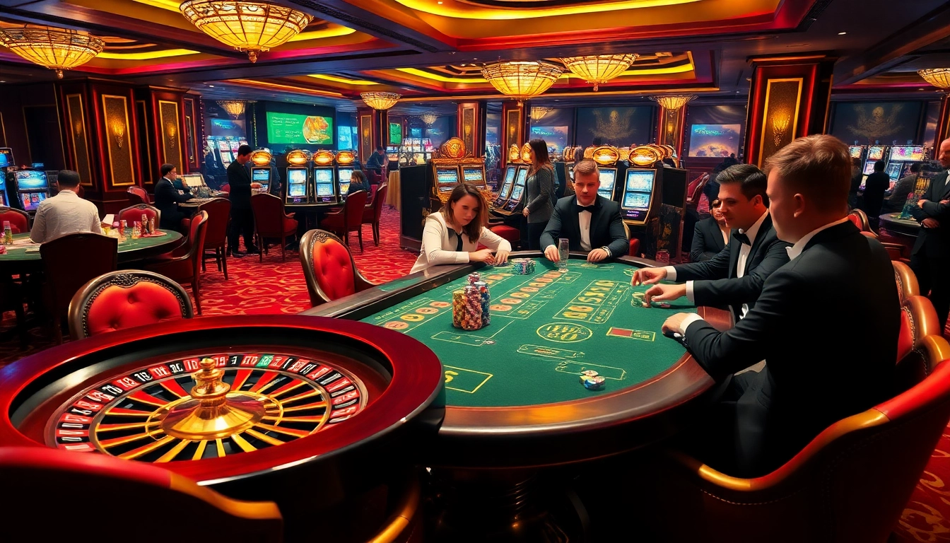 Engage in thrilling gameplay at https://luck8.bid/ with a vibrant casino scene featuring roulette and poker tables.
