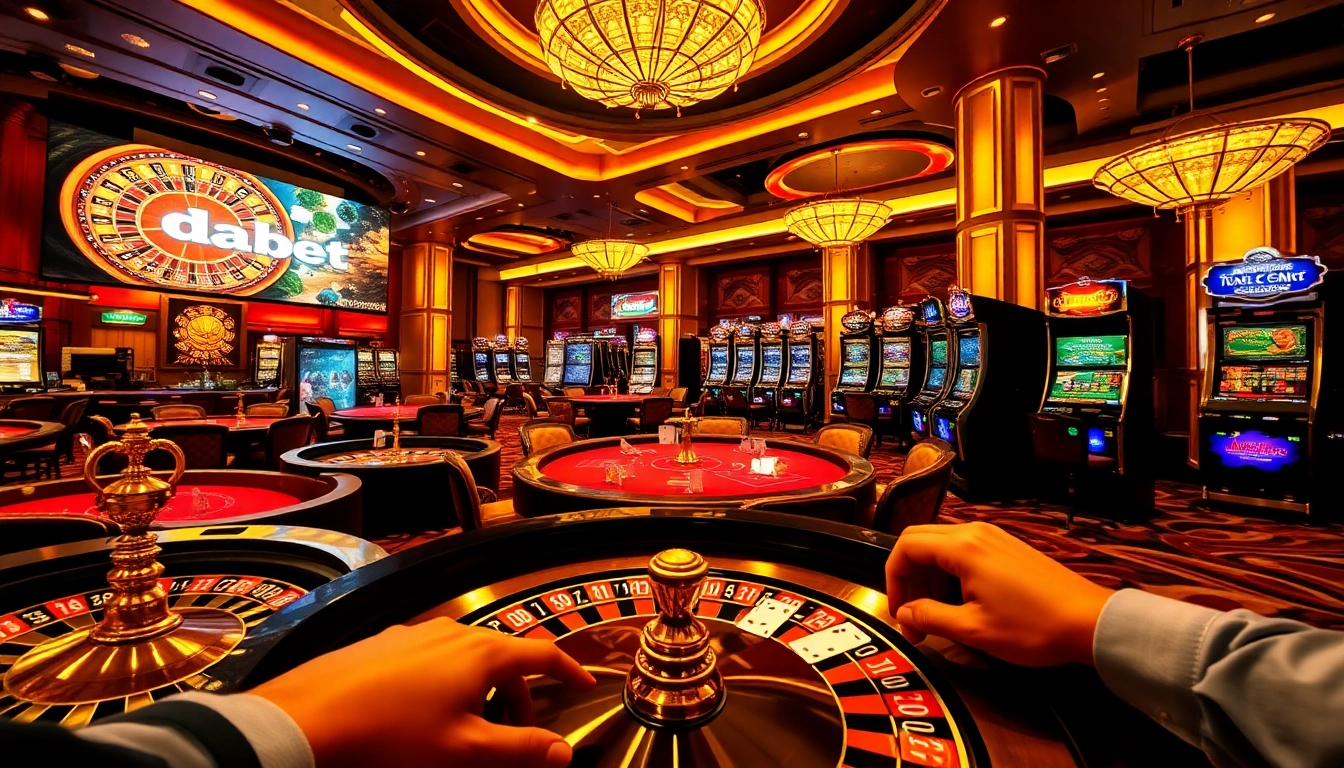 Experience thrilling gameplay at https://dabet.codes/ with vibrant casino elements like roulette and poker tables.