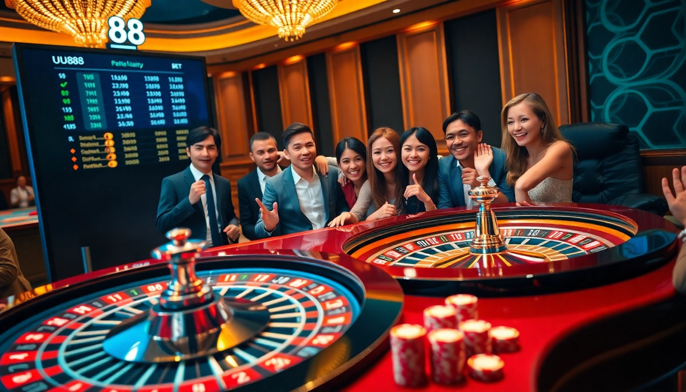 Players enjoying an exciting casino atmosphere at uu88, featuring roulette and poker tables.
