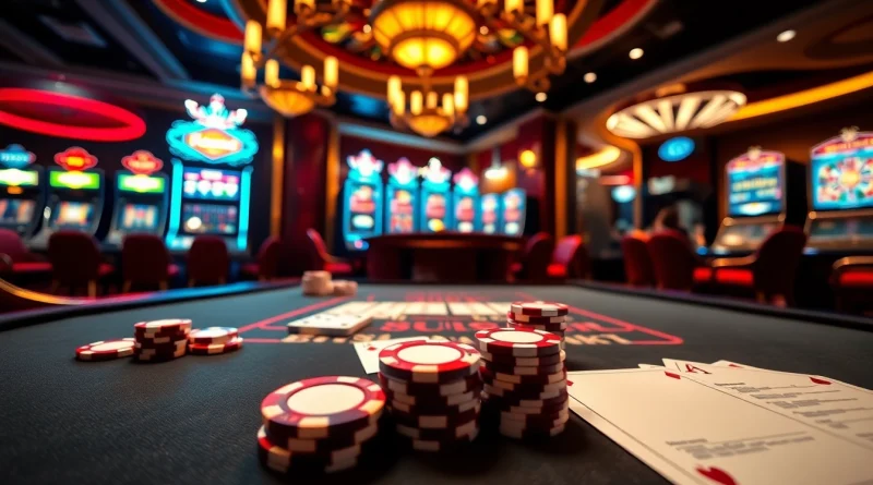 Engaging casino scene featuring gambling elements for https://vj88.com/ with poker chips and roulette wheels.