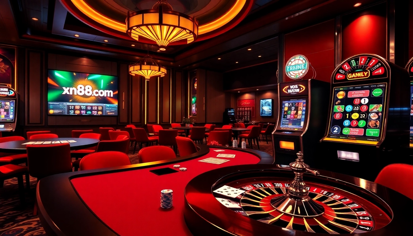 Action-packed gambling scene at xn88.com featuring poker chips and a roulette wheel.
