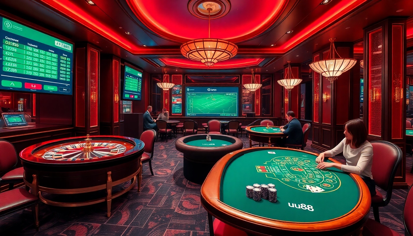 Players enjoying a thrilling game at the uu88 casino featuring roulette and blackjack tables.