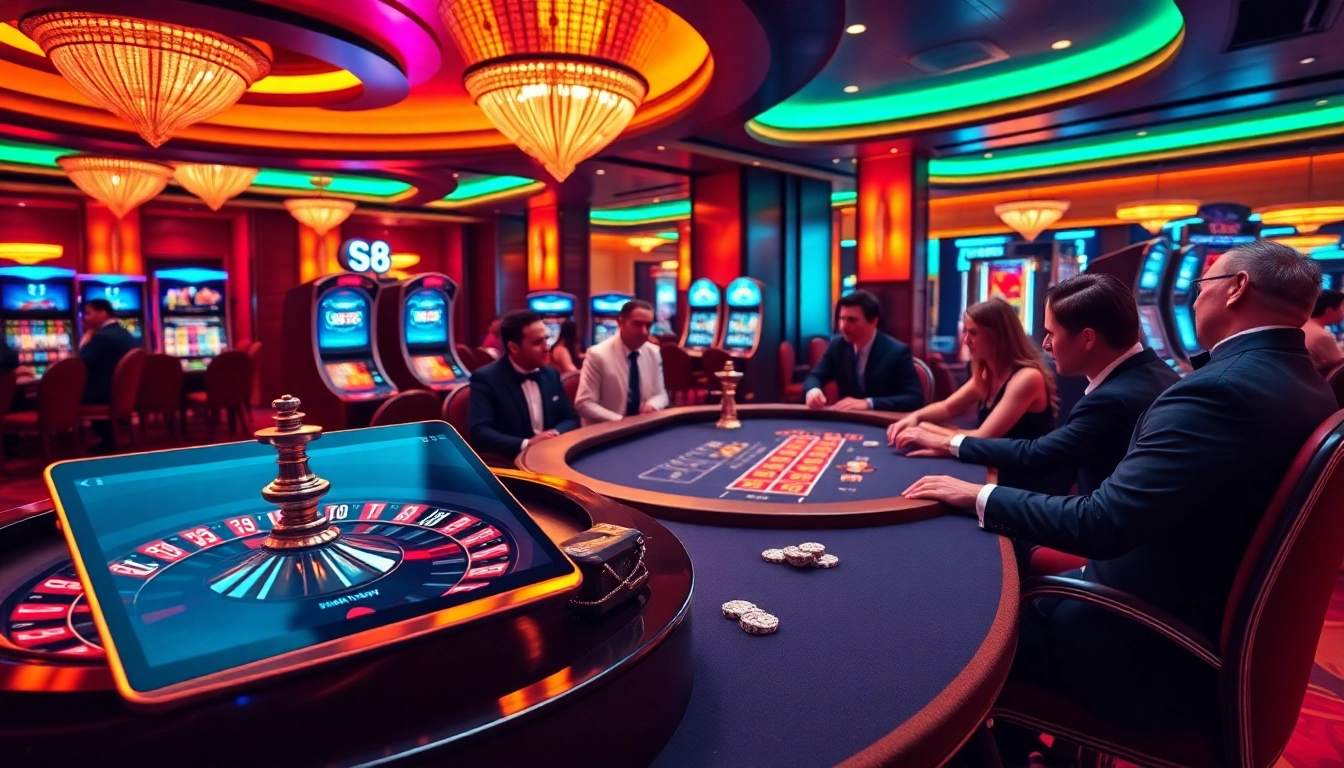 Engaging gaming scene at nhà cái s8 with poker chips, roulette, and players enjoying casino excitement.