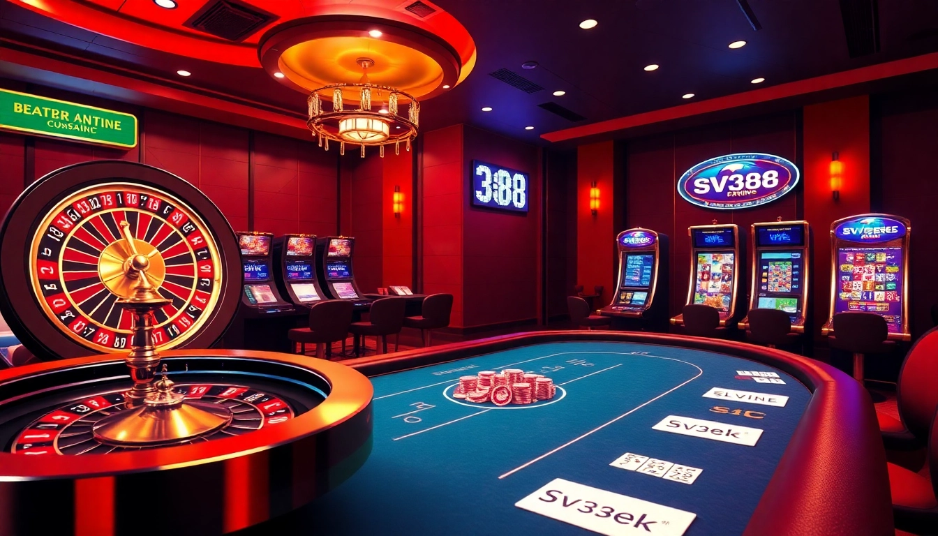 Engage in thrilling online betting on SV388.win with a vibrant digital casino scene featuring roulette and poker games.
