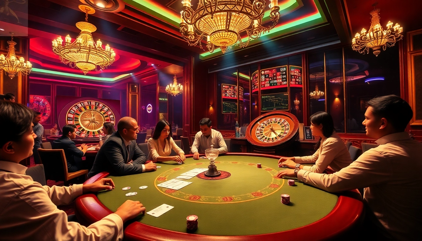 Exciting players engaging in high-stakes poker at ww88 casino, with roulette wheel in the background.
