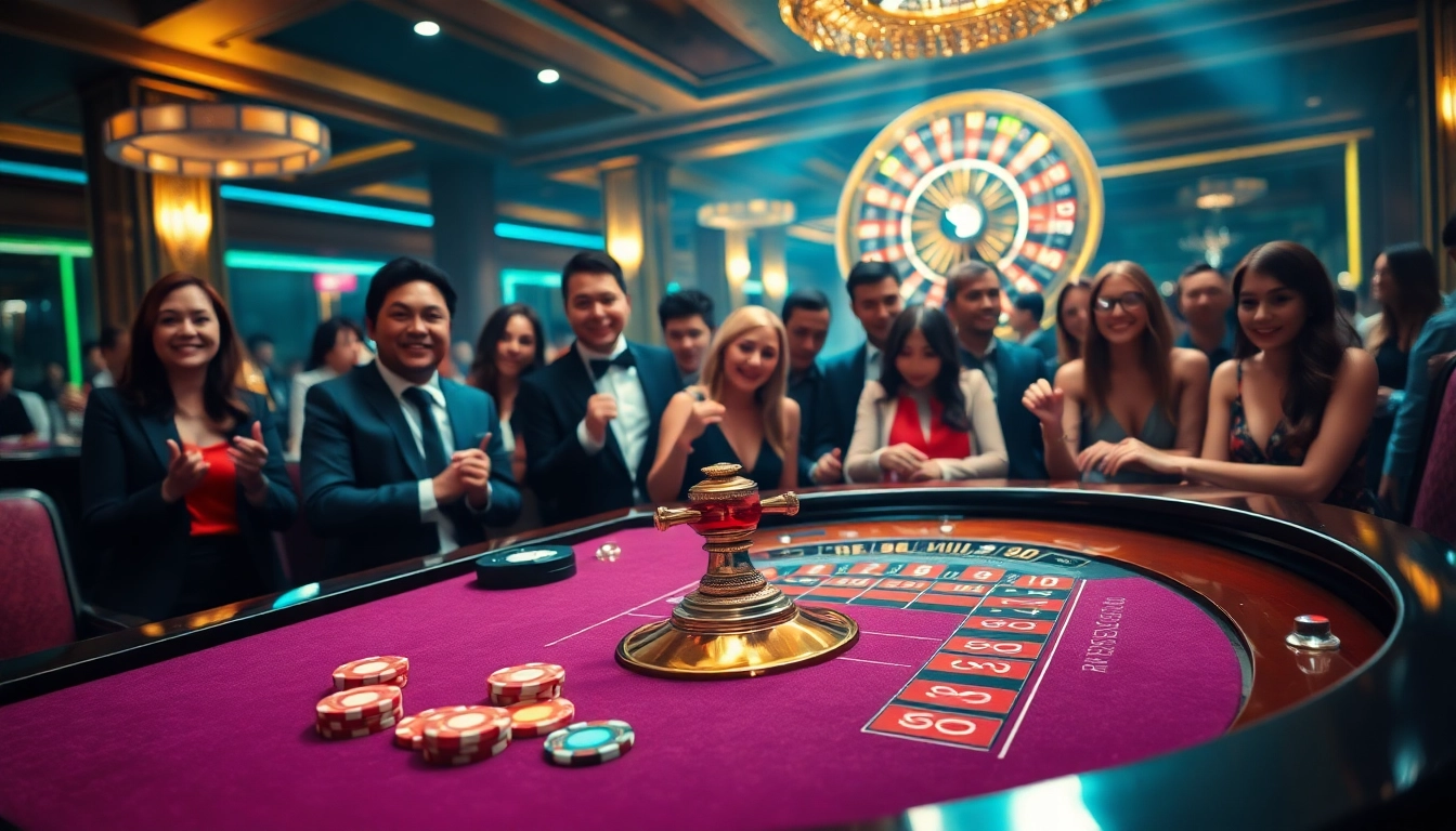 Exciting gaming scene at nhà cái F168 with players at a roulette table, showcasing luxury and thrill.
