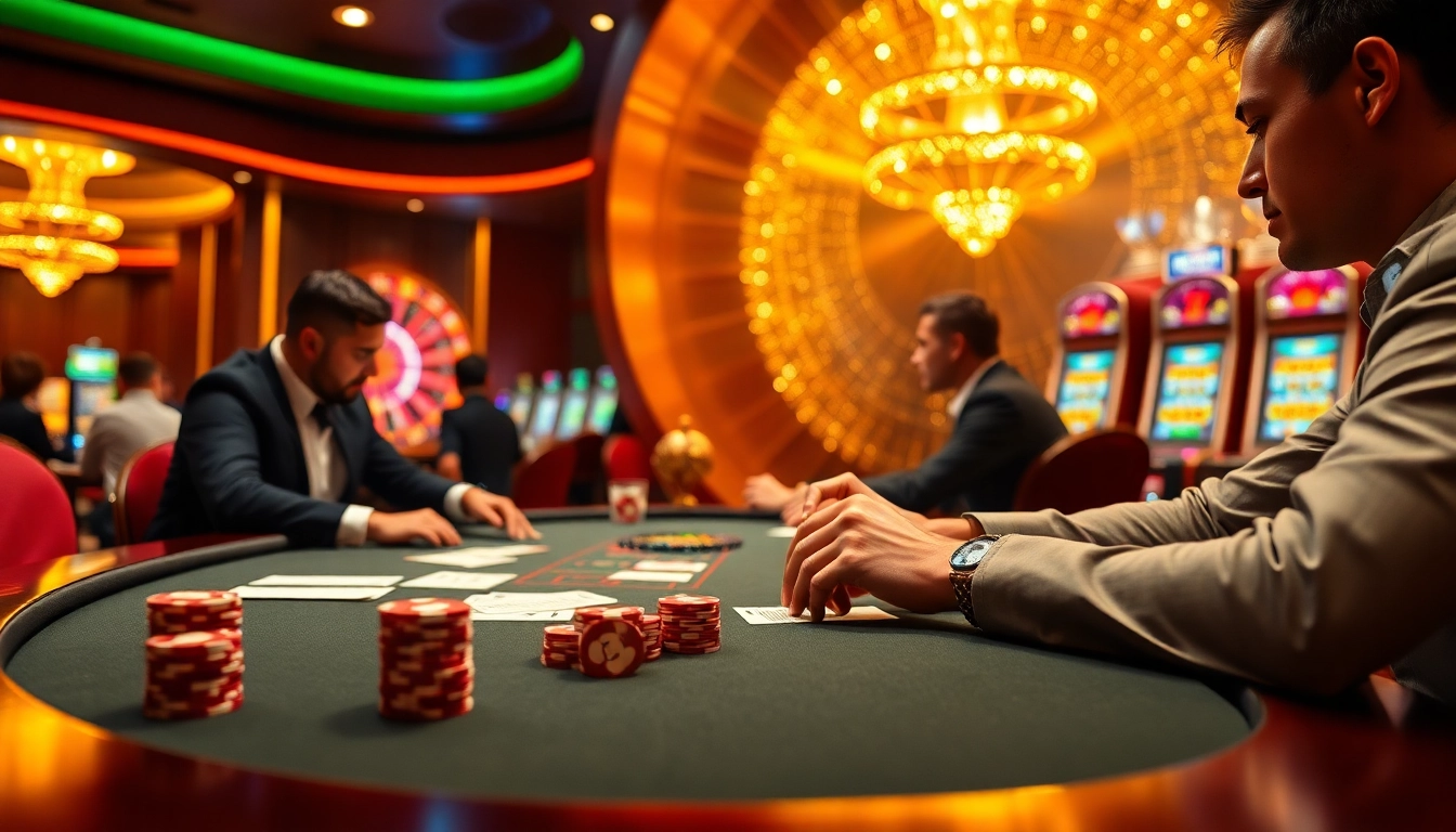 Exciting gambling scene at a poker table highlighting betting on https://debet.fast/ with a roulette wheel and colorful slots.