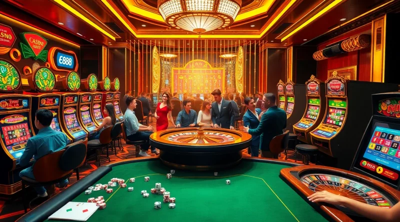 Exciting scene illustrating gamblers at a luxurious casino table, highlighting the ee88 link đăng nhập experience.