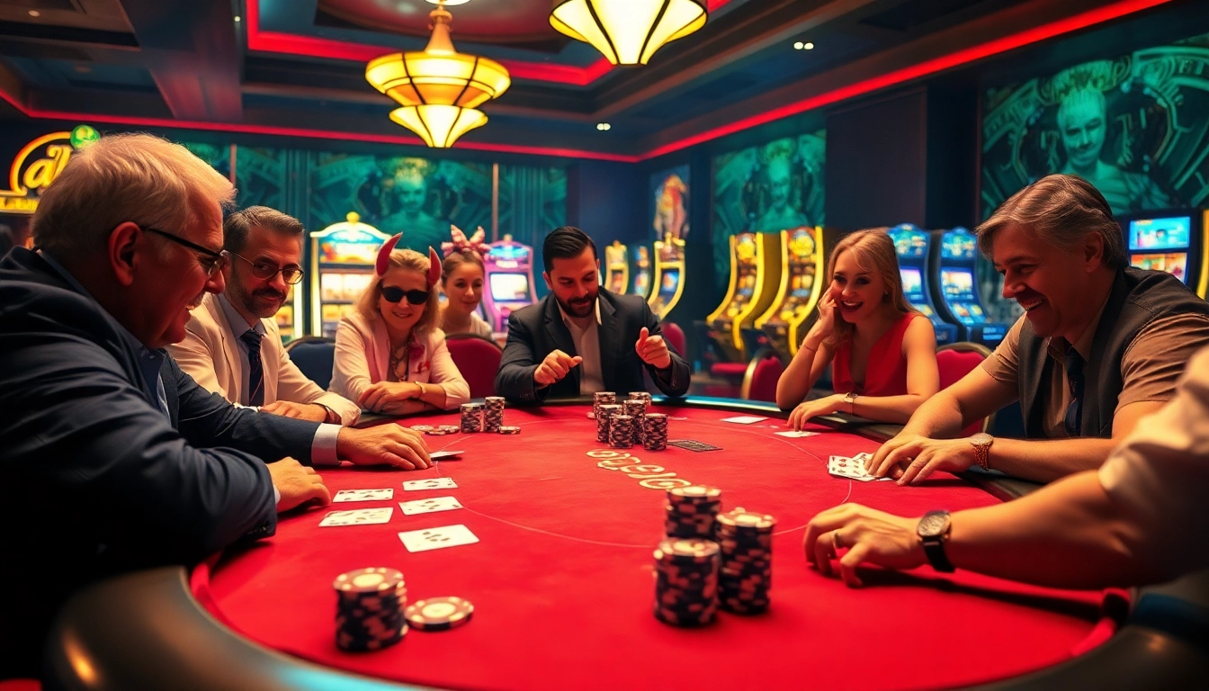 Players strategizing at a B52-themed poker table in a luxurious casino setting.