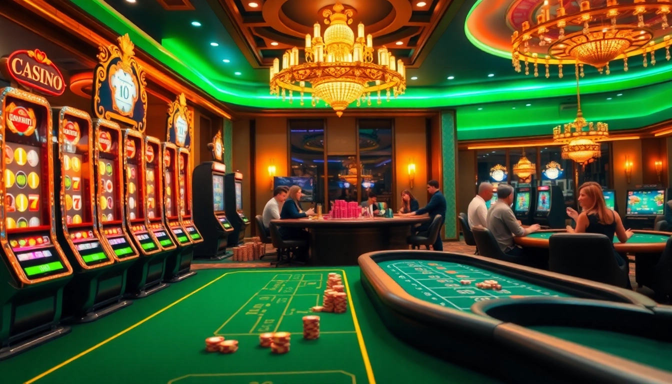 Experience the thrill of online games at 69vn.gb.net with a stunning casino atmosphere featuring slot machines and poker tables.