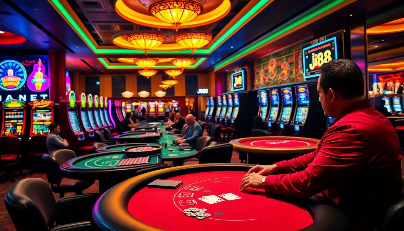 Experience excitement at the casino with j88-themed betting tables and vibrant slot machines.