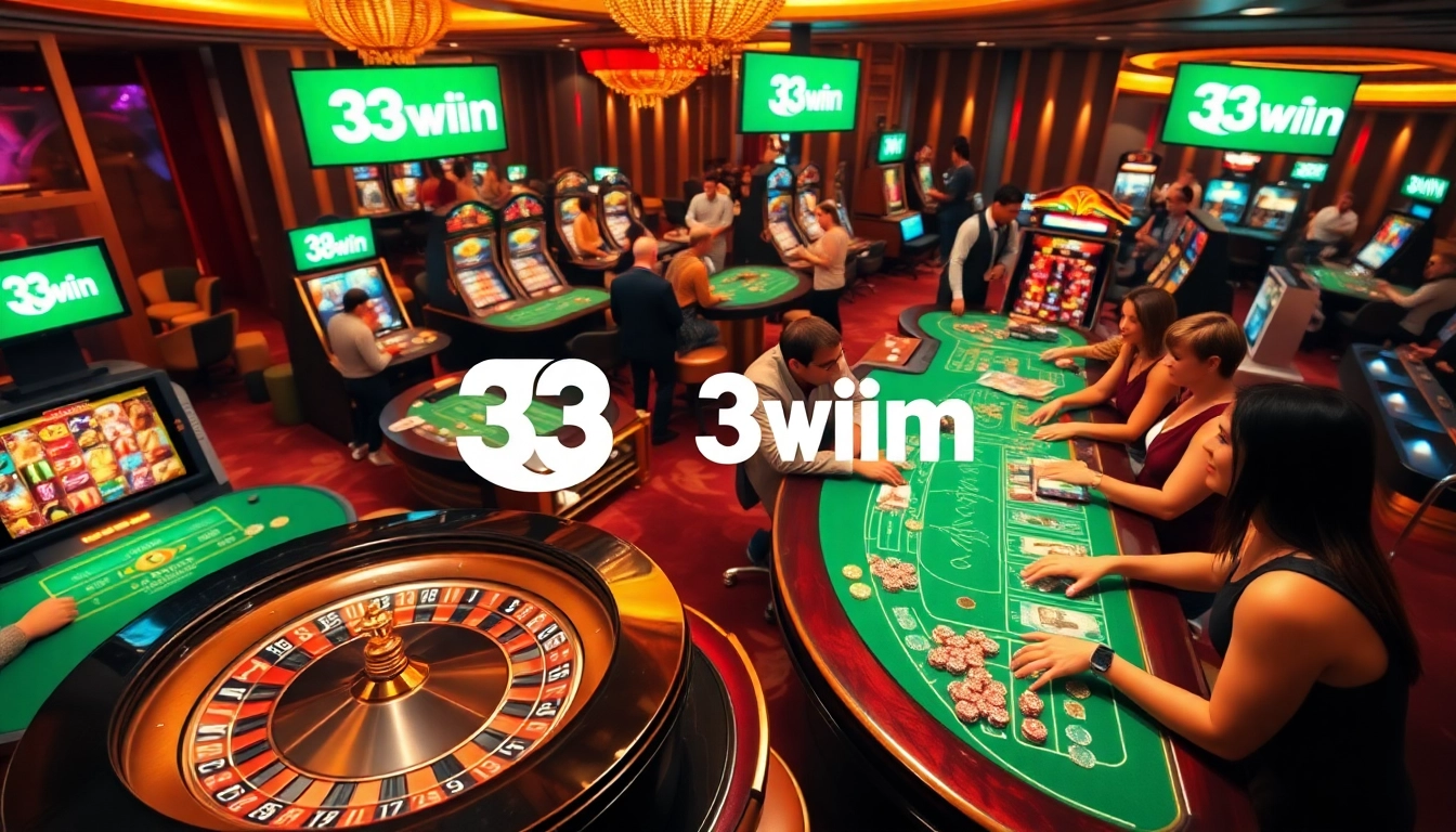 Gamblers enjoying their experience at the luxurious 33win online casino, with vibrant tables and slot machines.