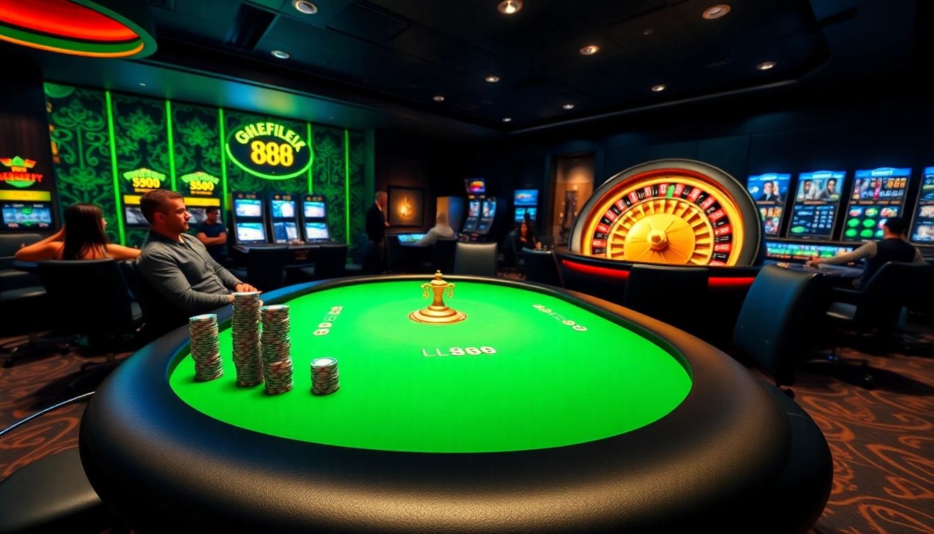 Excited players interacting with the 888vi casino interface, highlighting vibrant slot machines and poker chips.