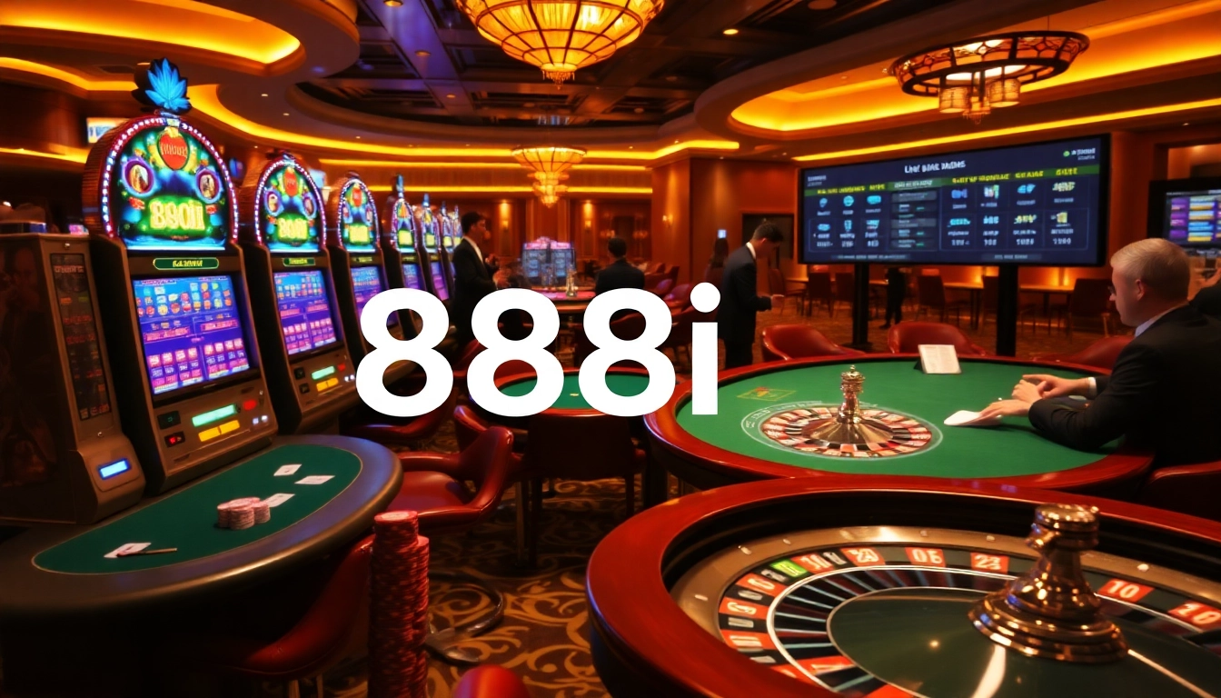 Exciting gambling scene with 88i slot machines, poker tables, and roulette wheels in a vibrant casino.