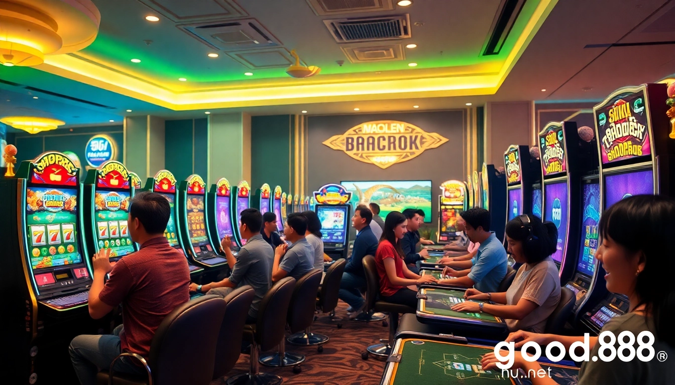Exciting online casino scene at good88.hu.net showcasing players at blackjack, slots, and fish shooting games.