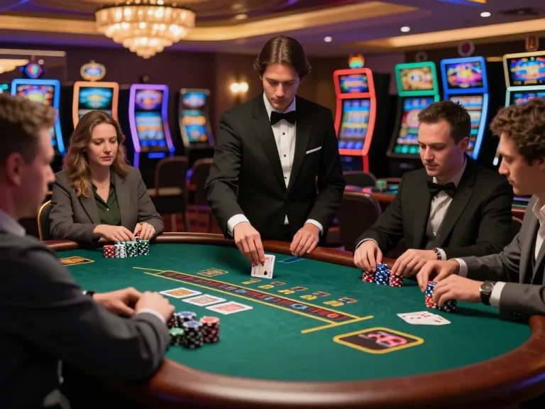 Players at an SHBET blackjack table strategizing their next move under warm casino lighting.