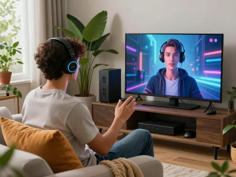 Immersive AI porn chat experience with user engaging with AI avatar in cozy modern living space.