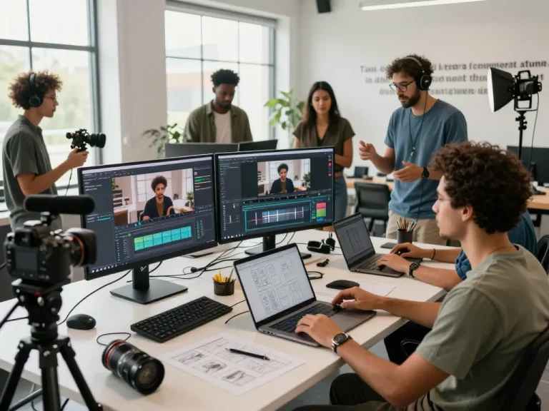 Collaborative scene showcasing Seedance 2.0 AI video production in a modern creative studio environment.