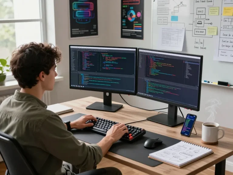 Developer engaged in coding at a modern desk with dual monitors, showcasing open claw AI automation tools for productivity.