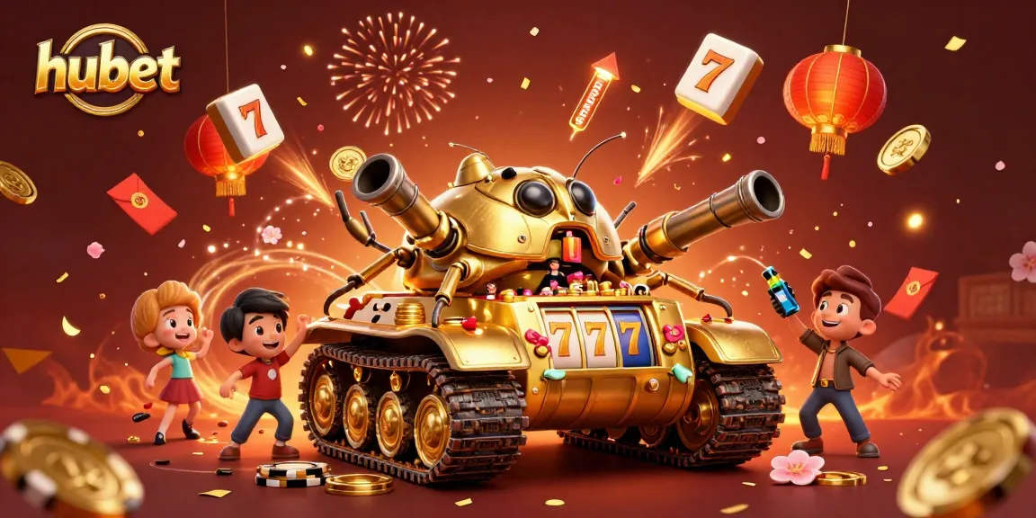 Engage with hubet's captivating casino experience in this vibrant 3D illustration of a golden beetle tank revealing a miniature casino.