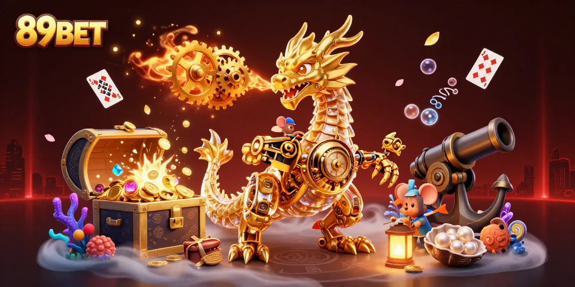 Experience excitement at 89BET with a dynamic sea adventure illustration filled with treasure and gaming elements.