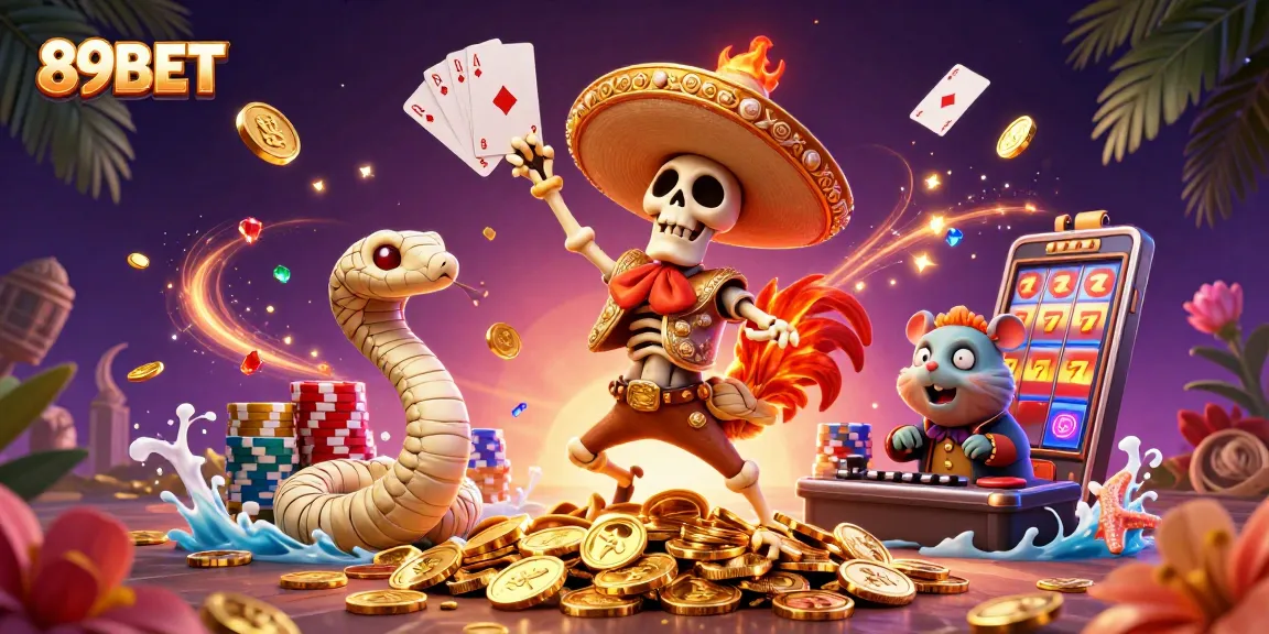 Cascade coins and cards fly around in a vibrant 3D scene featuring 89BET-themed characters.