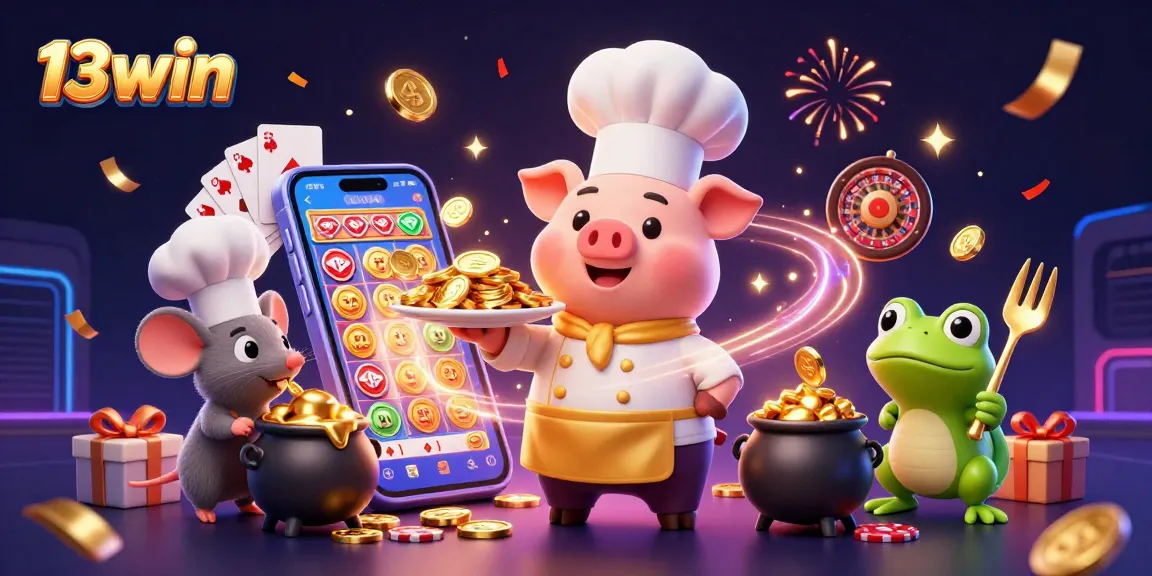 Experience the thrill of 13win with animated characters presenting golden treasures amidst exciting gambling elements.