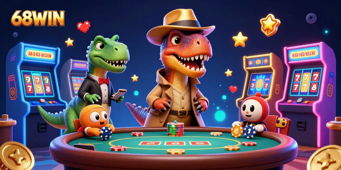 Experience thrilling gameplay at 68WIN with a cartoon velociraptor at a blackjack table, showcasing vibrant casino elements.
