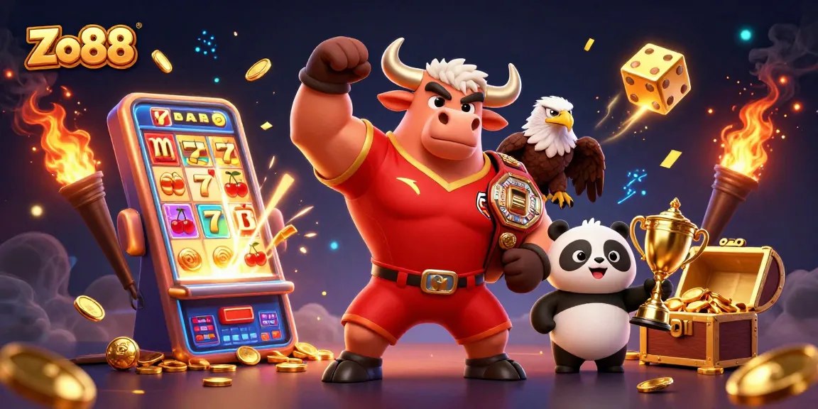 Experience excitement with Zo88, where a bull mascot, eagle, and panda celebrate jackpots with coins and casino elements.