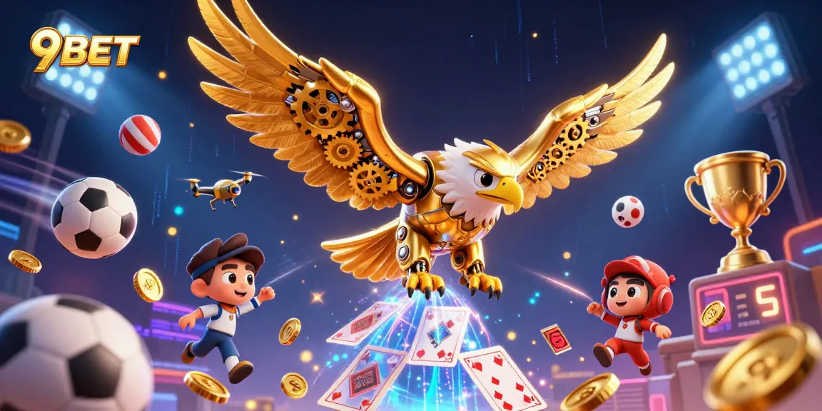 Engage with dynamic betting at 9BET, featuring a cybernetic eagle and holographic gameplay.